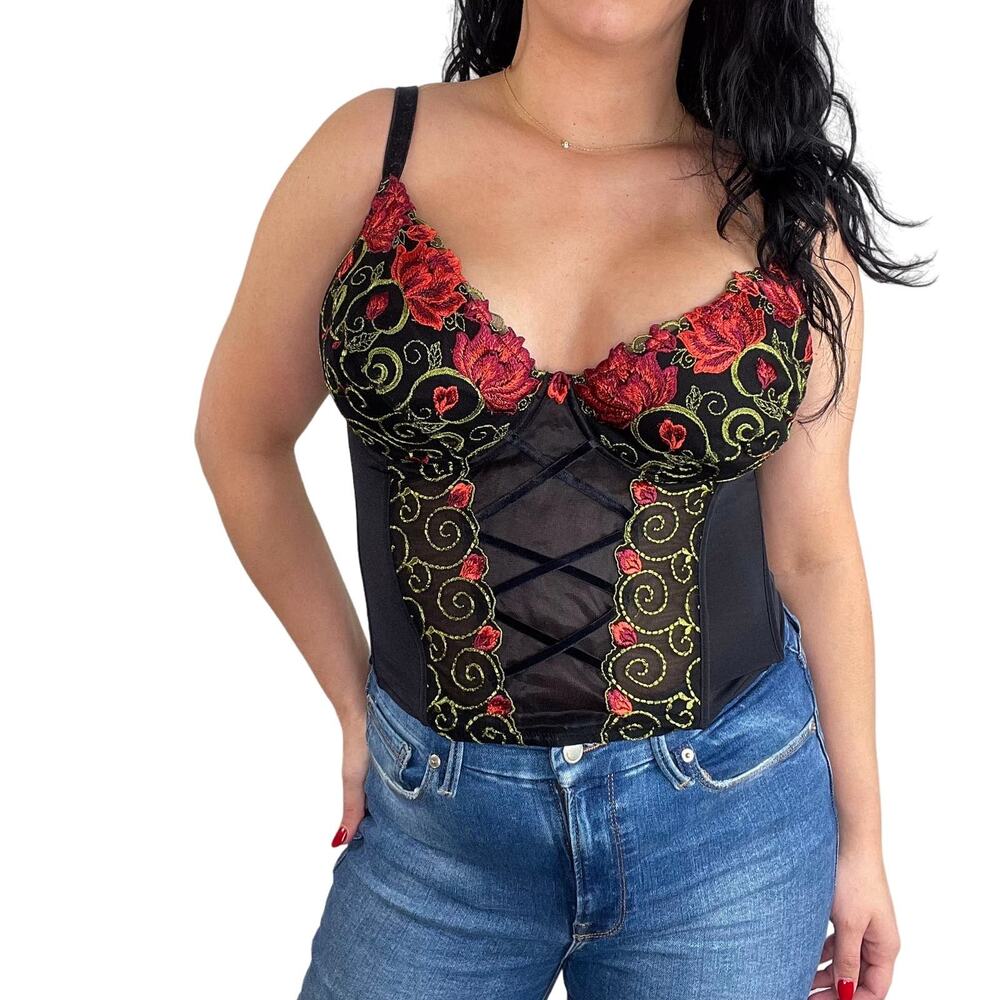Pretty Secrets 90s Vintage Corset Black Sexy Rose Floral Romantic Corset 36E - Picture 8 of 10